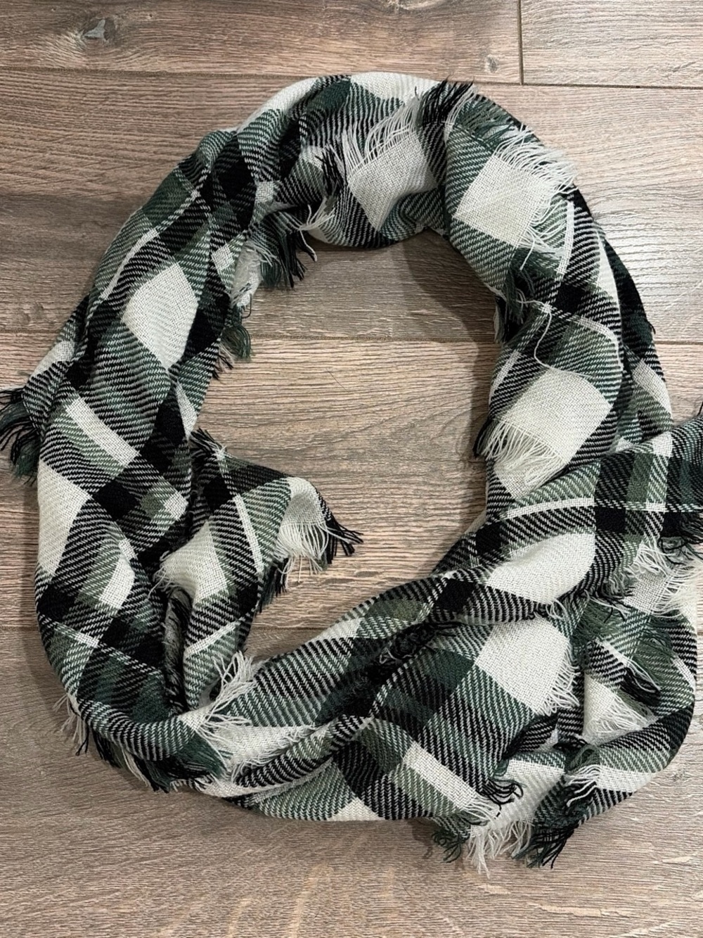 Plaid Fringe Wrap Scarf in Black, White & Green